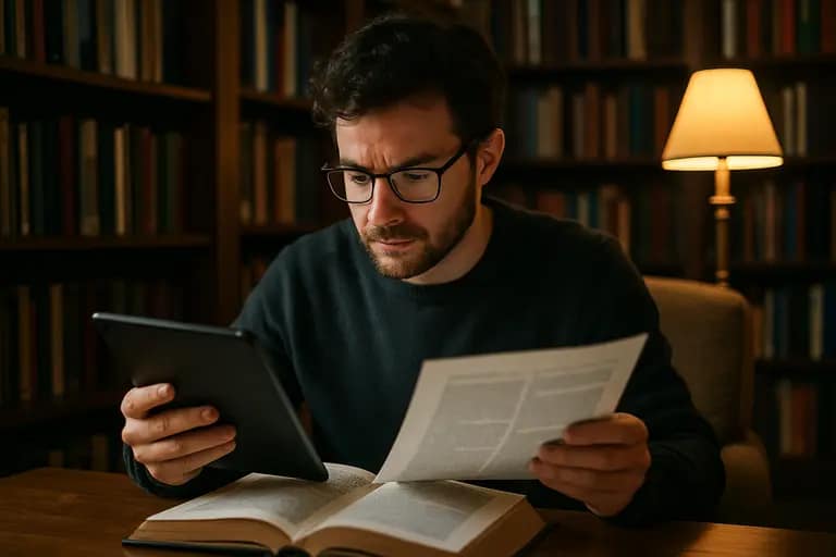 Writer comparing AI notes with verified source material on a laptop