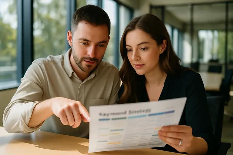 SEO team reviewing weekly charts on a shared analytics screen