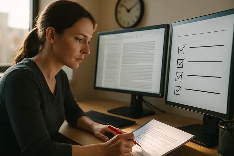 Editor checking article sections against a publishing quality checklist