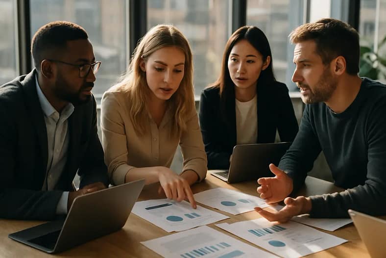 Editor reviewing AI transparency framework notes beside content drafts