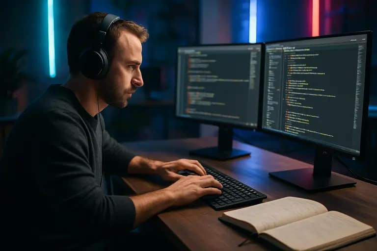 Publisher reviewing search settings and analytics on a laptop