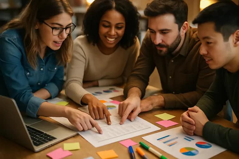 Content team comparing ad metrics and page copy in a shared workspace