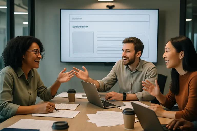 Content team discussing page structure and source notes at a desk