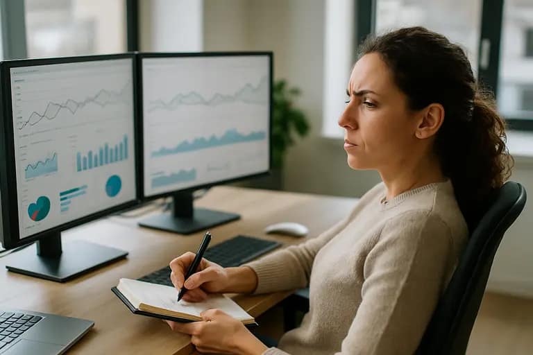 SEO dashboard with rankings and referral metrics on screen
