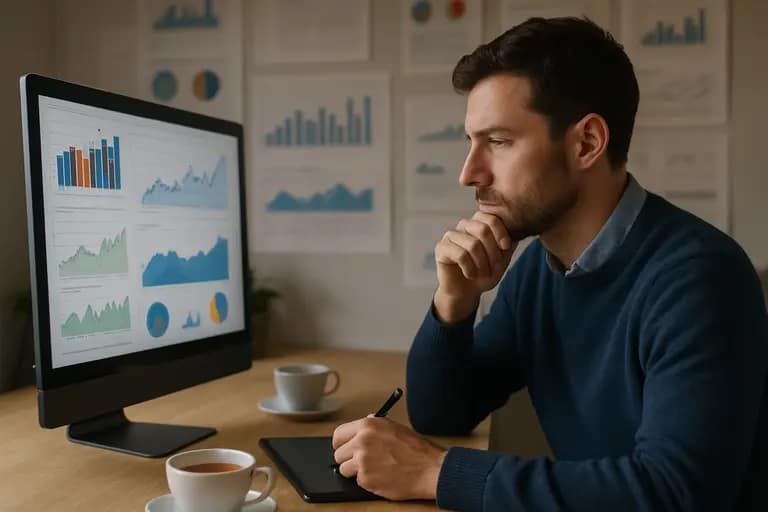 Analytics dashboard beside a notebook with content performance notes