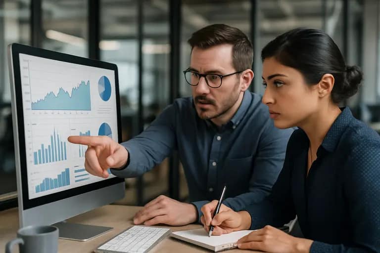 Analytics dashboard beside annotated article drafts on a desk