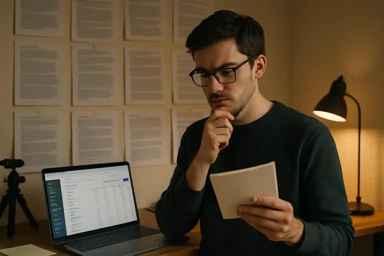 Content strategist comparing tool data with review notes on a screen