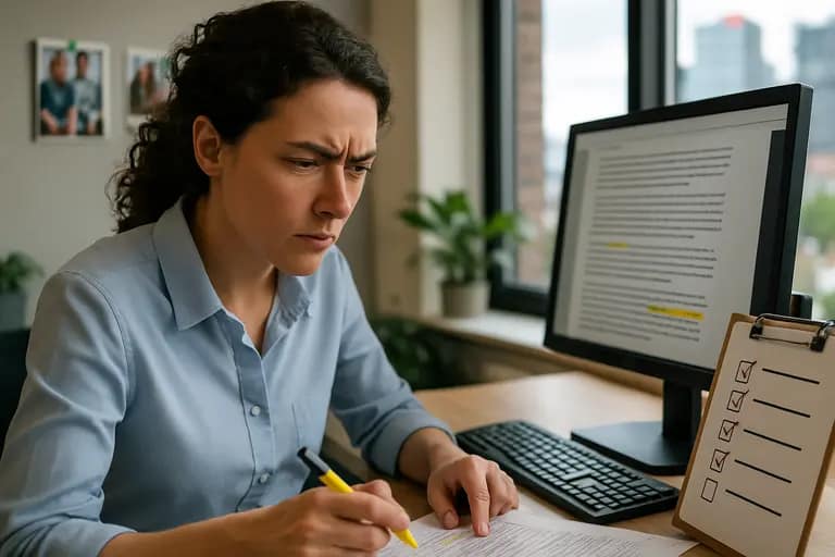 Editor checking source citations and alert notes before updating content