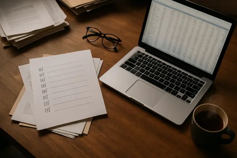 Printed link review checklist beside analytics notes and a keyboard