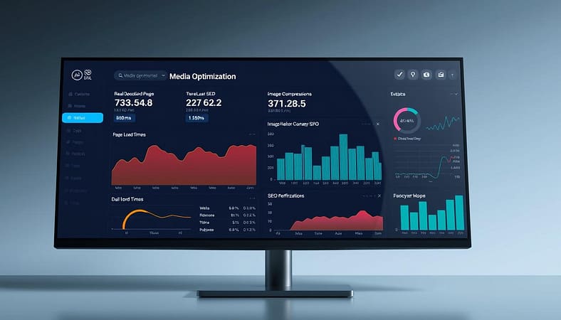 A digital dashboard displaying real-time metrics for media optimization performance. Sleek, minimalist design with a dark color scheme and vibrant data visualizations. Graphs and charts tracking key performance indicators such as page load times, image compression ratios, and SEO-relevant metrics. The dashboard is displayed on a high-resolution monitor, with a soft, directional lighting highlighting the clean, modern aesthetic. The scene evokes a sense of analytical precision and data-driven decision-making, reflecting the importance of measuring the impact of image optimization strategies. A digital dashboard displaying real-time metrics for media optimization performance. Sleek, minimalist design with a dark color scheme and vibrant data visualizations. Graphs and charts tracking key performance indicators such as page load times, image compression ratios, and SEO-relevant metrics. The dashboard is displayed on a high-resolution monitor, with a soft, directional lighting highlighting the clean, modern aesthetic. The scene evokes a sense of analytical precision and data-driven decision-making, reflecting the importance of measuring the impact of image optimization strategies.