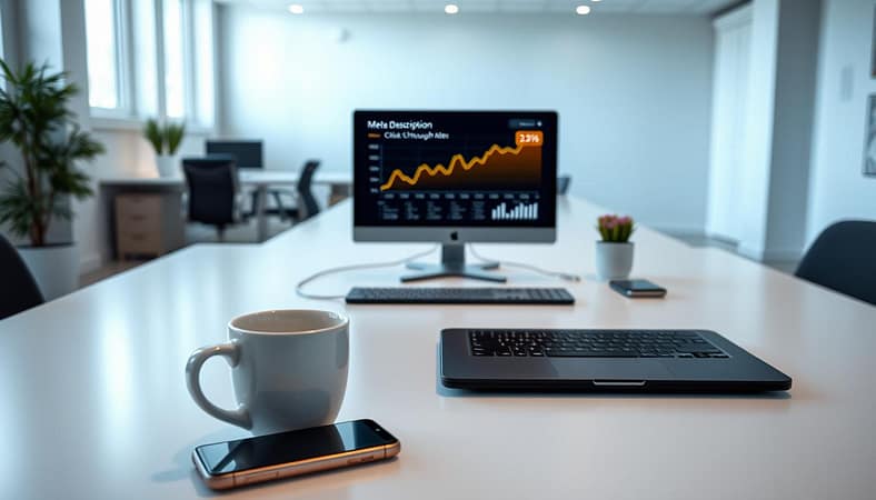 A modern, sleek desktop workspace with a laptop, smartphone, and coffee mug in the foreground. In the middle ground, a glowing monitor displays analytics charts and graphs related to meta description click-through rates. The background features a minimalist office environment with clean lines, natural lighting filtering in, and a sense of focus and productivity. A modern, sleek desktop workspace with a laptop, smartphone, and coffee mug in the foreground. In the middle ground, a glowing monitor displays analytics charts and graphs related to meta description click-through rates. The background features a minimalist office environment with clean lines, natural lighting filtering in, and a sense of focus and productivity.