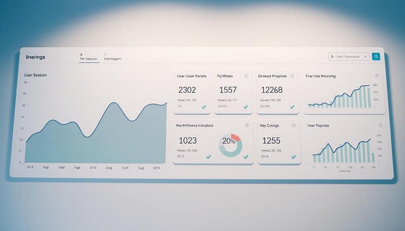 A sleek and modern dashboard displaying a comprehensive suite of user engagement metrics. In the foreground, a large line chart showcases user session trends over time, rendered in a soothing palette of blues and grays. The middle ground features a series of key performance indicators, each presented as a clean, minimalist card with crisp numerical data and intuitive icons. The background subtly incorporates a grid-like pattern, hinting at the data-driven nature of the dashboard. The overall aesthetic is professional, well-organized, and easy to navigate, inviting the viewer to dive deeper into the insights. Lighting is soft and diffused, creating a sense of clarity and focus. The camera angle is slightly elevated, providing an optimized view of the dashboard's layout and functionality. A sleek and modern dashboard displaying a comprehensive suite of user engagement metrics. In the foreground, a large line chart showcases user session trends over time, rendered in a soothing palette of blues and grays. The middle ground features a series of key performance indicators, each presented as a clean, minimalist card with crisp numerical data and intuitive icons. The background subtly incorporates a grid-like pattern, hinting at the data-driven nature of the dashboard. The overall aesthetic is professional, well-organized, and easy to navigate, inviting the viewer to dive deeper into the insights. Lighting is soft and diffused, creating a sense of clarity and focus. The camera angle is slightly elevated, providing an optimized view of the dashboard's layout and functionality.