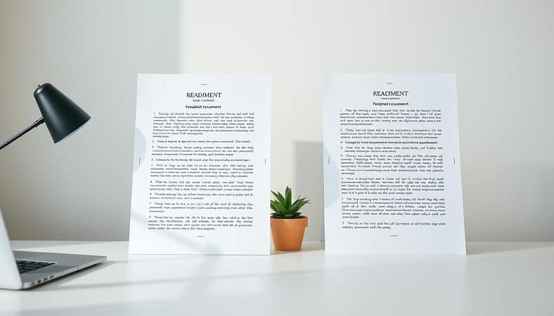 A well-lit office setting, with a desk displaying two distinct legal documents side by side. The documents showcase a clear contrast in font size, spacing, and overall layout, highlighting the difference in readability. The desk surface is clean and minimalist, with a laptop and a small potted plant adding a touch of modern decor. Soft, directional lighting casts subtle shadows, creating depth and emphasizing the textual elements. The background features a simple, neutral-toned wall, allowing the documents to take center stage and visually convey the concept of "readability comparison legal content". A well-lit office setting, with a desk displaying two distinct legal documents side by side. The documents showcase a clear contrast in font size, spacing, and overall layout, highlighting the difference in readability. The desk surface is clean and minimalist, with a laptop and a small potted plant adding a touch of modern decor. Soft, directional lighting casts subtle shadows, creating depth and emphasizing the textual elements. The background features a simple, neutral-toned wall, allowing the documents to take center stage and visually convey the concept of "readability comparison legal content".