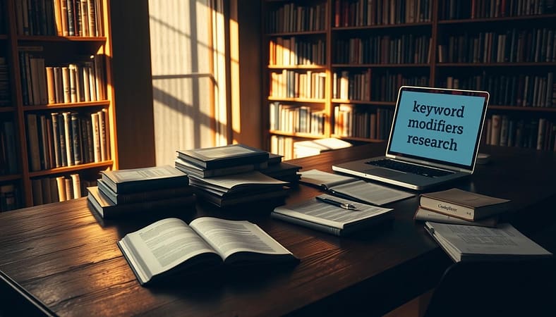A cozy study with an expansive desk, illuminated by soft, warm lighting. On the desk, an open notebook alongside various research materials - books, papers, and a laptop displaying "keyword modifiers research" on the screen. The background features towering bookshelves, casting gentle shadows that create a contemplative atmosphere. The overall scene conveys a sense of focused, analytical exploration, perfectly suited to illustrate the "Finding the Best Long-Tail Variations" section of the article. A cozy study with an expansive desk, illuminated by soft, warm lighting. On the desk, an open notebook alongside various research materials - books, papers, and a laptop displaying "keyword modifiers research" on the screen. The background features towering bookshelves, casting gentle shadows that create a contemplative atmosphere. The overall scene conveys a sense of focused, analytical exploration, perfectly suited to illustrate the "Finding the Best Long-Tail Variations" section of the article.