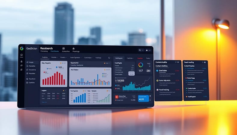 A sleek, data-driven dashboard showcasing a range of competitor research tools. In the foreground, a clean, minimal interface displays key metrics and insights, with intuitive visualizations and charts. The middle ground features a series of expandable panels, each highlighting a different tool's capabilities - from keyword analysis to content auditing and backlink tracking. The background is a soft, blurred cityscape, hinting at the competitive digital landscape these tools navigate. Warm, focused lighting illuminates the dashboard, creating a professional, high-tech atmosphere. The overall composition conveys a sense of efficiency, control, and data-driven decision-making. A sleek, data-driven dashboard showcasing a range of competitor research tools. In the foreground, a clean, minimal interface displays key metrics and insights, with intuitive visualizations and charts. The middle ground features a series of expandable panels, each highlighting a different tool's capabilities - from keyword analysis to content auditing and backlink tracking. The background is a soft, blurred cityscape, hinting at the competitive digital landscape these tools navigate. Warm, focused lighting illuminates the dashboard, creating a professional, high-tech atmosphere. The overall composition conveys a sense of efficiency, control, and data-driven decision-making.