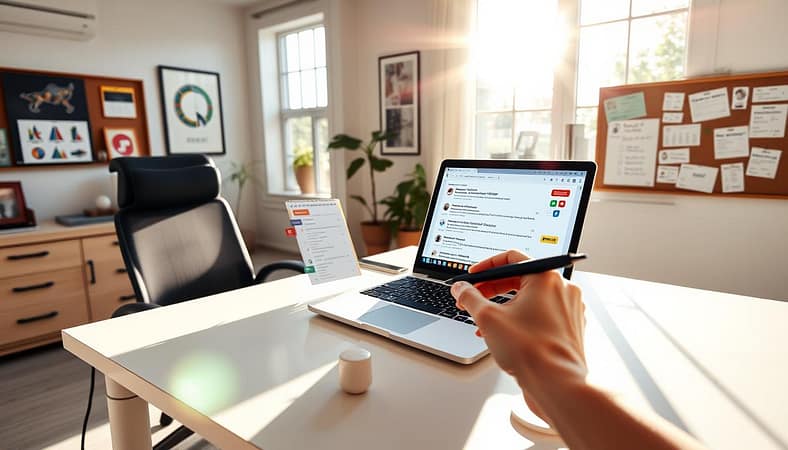 A bright, airy home office with a large desk and modern ergonomic chair. On the desk, a laptop displays a search engine results page, with various colored tags and annotations highlighting relevant keywords. A person's hand holds a pen, poised to take notes. Sunlight streams in through floor-to-ceiling windows, casting a warm glow over the scene. The walls are adorned with inspirational artwork and a corkboard displaying market research and keyword data. An atmosphere of focused productivity and strategic thinking pervades the space. A bright, airy home office with a large desk and modern ergonomic chair. On the desk, a laptop displays a search engine results page, with various colored tags and annotations highlighting relevant keywords. A person's hand holds a pen, poised to take notes. Sunlight streams in through floor-to-ceiling windows, casting a warm glow over the scene. The walls are adorned with inspirational artwork and a corkboard displaying market research and keyword data. An atmosphere of focused productivity and strategic thinking pervades the space.