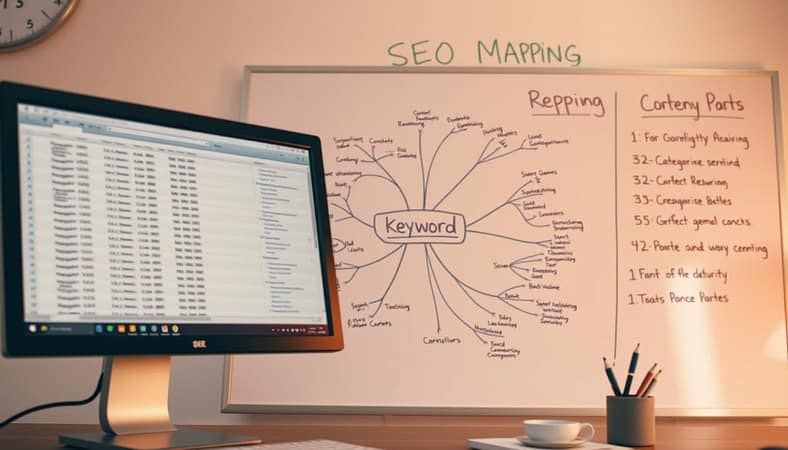 A detailed visual blueprint of the SEO keyword mapping process. In the foreground, a computer screen displays a spreadsheet with columns of keywords, search volumes, and other data. In the middle ground, a mind map branches out from the central keyword, connecting related terms and concepts. The background features a whiteboard with the steps of the mapping process outlined in colored markers - research, categorization, prioritization, content planning. Soft, warm lighting creates a focused, analytical atmosphere. The composition evokes a sense of structure, strategy, and a data-driven approach to effective content optimization. A detailed visual blueprint of the SEO keyword mapping process. In the foreground, a computer screen displays a spreadsheet with columns of keywords, search volumes, and other data. In the middle ground, a mind map branches out from the central keyword, connecting related terms and concepts. The background features a whiteboard with the steps of the mapping process outlined in colored markers - research, categorization, prioritization, content planning. Soft, warm lighting creates a focused, analytical atmosphere. The composition evokes a sense of structure, strategy, and a data-driven approach to effective content optimization.