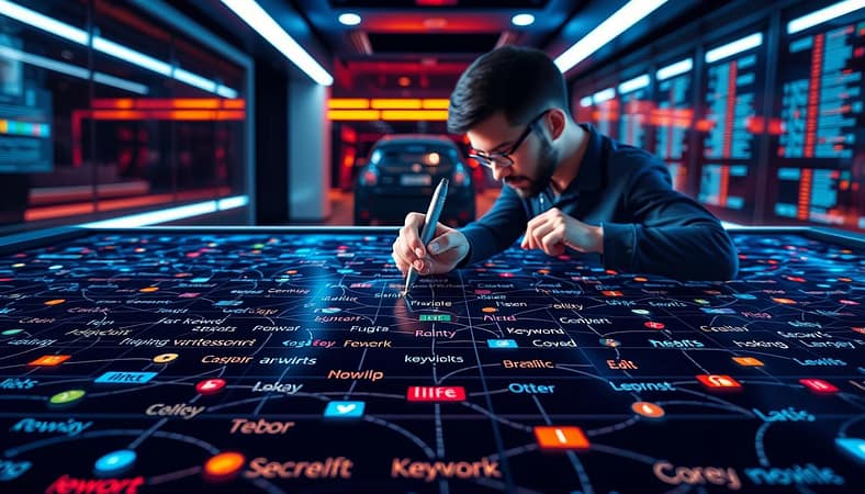 A vibrant and visually compelling illustration of the concept of "keyword mapping for SEO content strategy". In the foreground, a grid-like layout of interconnected keywords, each represented by a colorful, stylized icon or symbol. The middle ground showcases a writer or strategist carefully arranging and linking these keywords, using a digital pen or interface. In the background, a sleek, high-tech environment with a futuristic ambiance, hinting at the data-driven, analytical nature of modern SEO practices. The lighting is dramatic, with a mix of cool tones and warm highlights, creating depth and emphasizing the strategic nature of the process. The overall mood is one of purposeful, methodical exploration, reflecting the nuanced, multifaceted approach to keyword research and content planning. A vibrant and visually compelling illustration of the concept of "keyword mapping for SEO content strategy". In the foreground, a grid-like layout of interconnected keywords, each represented by a colorful, stylized icon or symbol. The middle ground showcases a writer or strategist carefully arranging and linking these keywords, using a digital pen or interface. In the background, a sleek, high-tech environment with a futuristic ambiance, hinting at the data-driven, analytical nature of modern SEO practices. The lighting is dramatic, with a mix of cool tones and warm highlights, creating depth and emphasizing the strategic nature of the process. The overall mood is one of purposeful, methodical exploration, reflecting the nuanced, multifaceted approach to keyword research and content planning.