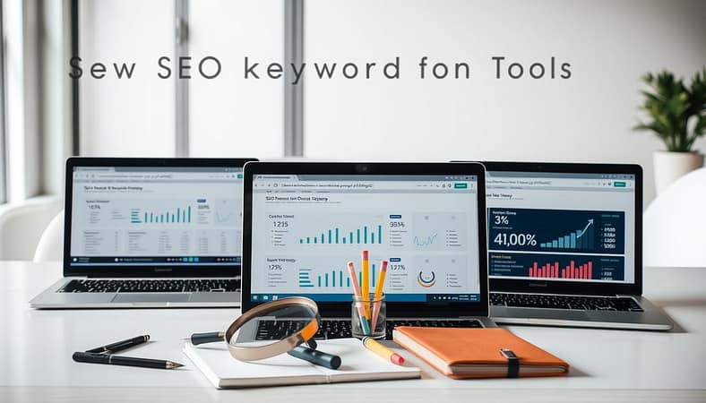 A visually striking comparison of popular SEO keyword difficulty tools, captured in a high-resolution, photorealistic image. The foreground features a row of modern, sleek laptop displays, each showcasing a different tool's interface and metrics. The middle ground includes a collection of carefully arranged office supplies, including a magnifying glass, highlighters, and a stylish notebook, hinting at the analytical workflow. The background depicts a minimalist workspace, with a large window allowing natural light to fill the frame, creating a bright and airy ambiance. The overall composition conveys a sense of professionalism, productivity, and the importance of leveraging the right tools to refine an effective SEO strategy. A visually striking comparison of popular SEO keyword difficulty tools, captured in a high-resolution, photorealistic image. The foreground features a row of modern, sleek laptop displays, each showcasing a different tool's interface and metrics. The middle ground includes a collection of carefully arranged office supplies, including a magnifying glass, highlighters, and a stylish notebook, hinting at the analytical workflow. The background depicts a minimalist workspace, with a large window allowing natural light to fill the frame, creating a bright and airy ambiance. The overall composition conveys a sense of professionalism, productivity, and the importance of leveraging the right tools to refine an effective SEO strategy.