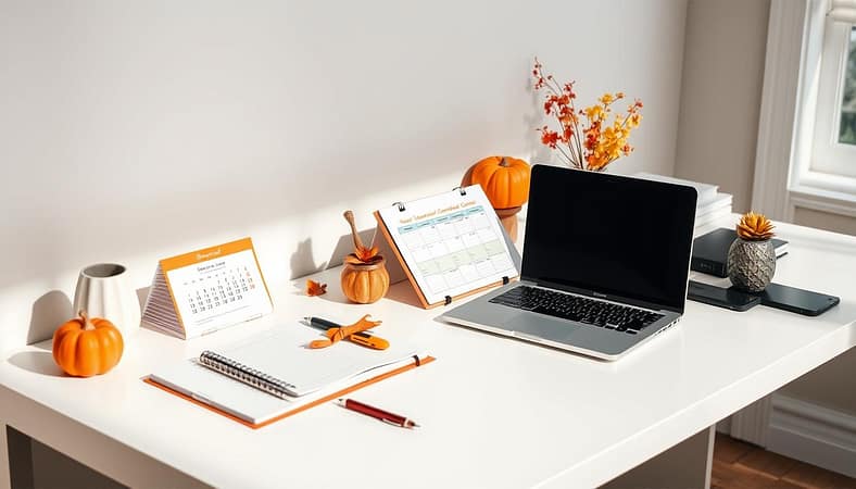 Seasonal content calendar tools, neatly organized on a sleek, modern desk. A clean, well-lit workspace with a laptop, notebook, and various digital devices. Vibrant, autumn-inspired color palette with warm hues of orange, yellow, and red accents. Crisp, clean lines and minimalist design create a focused, productive atmosphere. Soft, directional lighting casts subtle shadows, highlighting the tools and creating depth. The arrangement conveys a sense of efficiency, workflow, and strategic planning for content marketing throughout the seasons. Seasonal content calendar tools, neatly organized on a sleek, modern desk. A clean, well-lit workspace with a laptop, notebook, and various digital devices. Vibrant, autumn-inspired color palette with warm hues of orange, yellow, and red accents. Crisp, clean lines and minimalist design create a focused, productive atmosphere. Soft, directional lighting casts subtle shadows, highlighting the tools and creating depth. The arrangement conveys a sense of efficiency, workflow, and strategic planning for content marketing throughout the seasons.