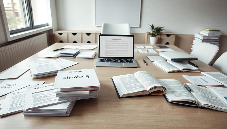 A clean, organized workspace showcasing a large desk filled with neatly arranged notes and documents, emphasizing effective readability. In the foreground, there are paper stacks with bullet points and highlighted sections, representing "chunking." Scattered around the desk are open notebooks with ample white space on pages, illustrating the concept of white space in writing. The middle ground features a laptop with a minimalist design, showing a well-structured document on its screen. In the background, light streams in through a window, illuminating the scene and creating a calm atmosphere. The overall mood is professional and inviting, with soft natural lighting that emphasizes clarity and focus. No people are present, ensuring an unobstructed view of the writing structure elements. A clean, organized workspace showcasing a large desk filled with neatly arranged notes and documents, emphasizing effective readability. In the foreground, there are paper stacks with bullet points and highlighted sections, representing "chunking." Scattered around the desk are open notebooks with ample white space on pages, illustrating the concept of white space in writing. The middle ground features a laptop with a minimalist design, showing a well-structured document on its screen. In the background, light streams in through a window, illuminating the scene and creating a calm atmosphere. The overall mood is professional and inviting, with soft natural lighting that emphasizes clarity and focus. No people are present, ensuring an unobstructed view of the writing structure elements.