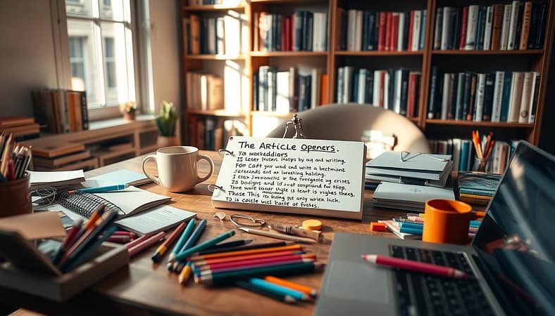 A cozy, well-lit workspace with a wooden desk in the foreground, cluttered with various colorful stationery and a laptop open to a word processing document. In the middle, a notepad filled with handwritten text outlines different article openers, surrounded by coffee mugs and a small potted plant for a touch of nature. In the background, shelves filled with books about writing and creativity create an inviting atmosphere. Soft, natural lighting pours in from a nearby window, casting warm shadows that enhance the creative vibe of the space. The overall mood is focused yet relaxed, inspiring a sense of exploration and refinement in the art of crafting engaging introductions. A cozy, well-lit workspace with a wooden desk in the foreground, cluttered with various colorful stationery and a laptop open to a word processing document. In the middle, a notepad filled with handwritten text outlines different article openers, surrounded by coffee mugs and a small potted plant for a touch of nature. In the background, shelves filled with books about writing and creativity create an inviting atmosphere. Soft, natural lighting pours in from a nearby window, casting warm shadows that enhance the creative vibe of the space. The overall mood is focused yet relaxed, inspiring a sense of exploration and refinement in the art of crafting engaging introductions.