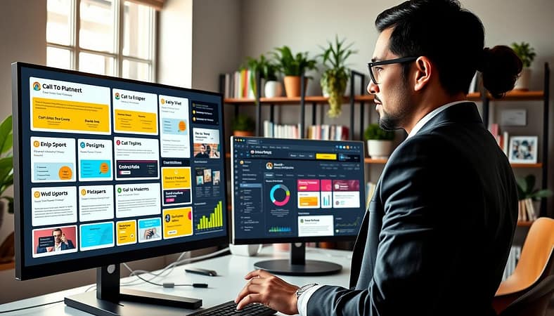 A digital workspace scene showcasing strategic Call-to-Action (CTA) placement and testing visualization. In the foreground, a professional in business attire examines a large display board filled with various CTA designs in vibrant colors, highlighting different placements and their effectiveness. In the middle, a sleek computer setup with an analytical dashboard displaying metrics and graphs related to CTA performance. The background features a stylish office environment with shelves of marketing books and plants, enhancing a productive atmosphere. Soft, natural lighting streams in through a window, creating an inviting and focused mood. The angle captures both the professional's engaged expression and the detailed visuals of the CTAs, embodying the essence of placement and testing in a modern marketing context. A digital workspace scene showcasing strategic Call-to-Action (CTA) placement and testing visualization. In the foreground, a professional in business attire examines a large display board filled with various CTA designs in vibrant colors, highlighting different placements and their effectiveness. In the middle, a sleek computer setup with an analytical dashboard displaying metrics and graphs related to CTA performance. The background features a stylish office environment with shelves of marketing books and plants, enhancing a productive atmosphere. Soft, natural lighting streams in through a window, creating an inviting and focused mood. The angle captures both the professional's engaged expression and the detailed visuals of the CTAs, embodying the essence of placement and testing in a modern marketing context.