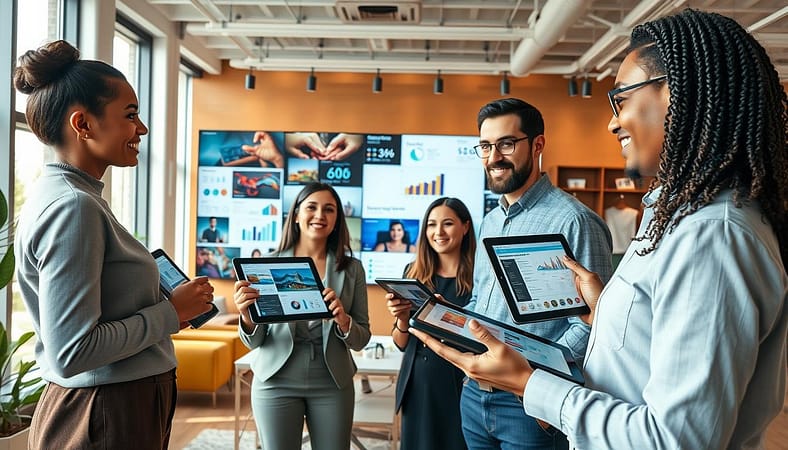 A modern office setting filled with vibrant visual content examples. In the foreground, a diverse group of three professionals—two women and one man—are engaged in animated discussion, each holding digital tablets showcasing graphics, infographics, and charts. The middle ground features a large, sleek display screen presenting an array of striking visuals, including stunning photographs, engaging diagrams, and summarized data points. The background is filled with contemporary furnishings and bright, natural light streaming through tall windows, creating an inviting atmosphere. The scene captures a sense of collaboration and creativity, with a warm color palette that enhances the professional mood. Use a wide-angle lens perspective to showcase the space, emphasizing the interaction among the team. A modern office setting filled with vibrant visual content examples. In the foreground, a diverse group of three professionals—two women and one man—are engaged in animated discussion, each holding digital tablets showcasing graphics, infographics, and charts. The middle ground features a large, sleek display screen presenting an array of striking visuals, including stunning photographs, engaging diagrams, and summarized data points. The background is filled with contemporary furnishings and bright, natural light streaming through tall windows, creating an inviting atmosphere. The scene captures a sense of collaboration and creativity, with a warm color palette that enhances the professional mood. Use a wide-angle lens perspective to showcase the space, emphasizing the interaction among the team.