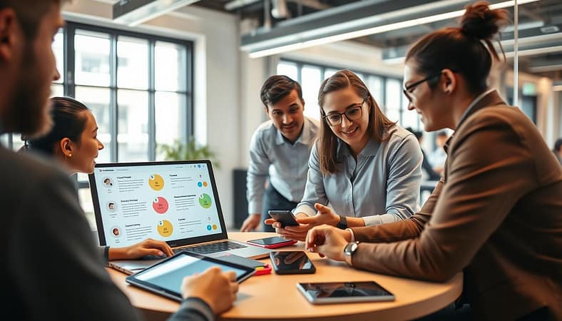 A modern workspace environment, showcasing a diverse group of professionals engaged in an interactive online discussion. In the foreground, two colleagues, one male and one female, are intently looking at a laptop screen displaying colorful poll results and feedback forms. They are dressed in smart casual attire, conveying a collaborative atmosphere. In the middle, a round table filled with various digital devices, like tablets and smartphones, highlights the multi-channel engagement. The background features a bright and inviting office space with large windows, letting in natural light that enhances the lively mood. Soft shadows and warm tones create a welcoming atmosphere, suggesting creativity and dynamic interaction among team members. The angle is slightly above eye level, capturing the interactions clearly without any distractions or overlays. A modern workspace environment, showcasing a diverse group of professionals engaged in an interactive online discussion. In the foreground, two colleagues, one male and one female, are intently looking at a laptop screen displaying colorful poll results and feedback forms. They are dressed in smart casual attire, conveying a collaborative atmosphere. In the middle, a round table filled with various digital devices, like tablets and smartphones, highlights the multi-channel engagement. The background features a bright and inviting office space with large windows, letting in natural light that enhances the lively mood. Soft shadows and warm tones create a welcoming atmosphere, suggesting creativity and dynamic interaction among team members. The angle is slightly above eye level, capturing the interactions clearly without any distractions or overlays.