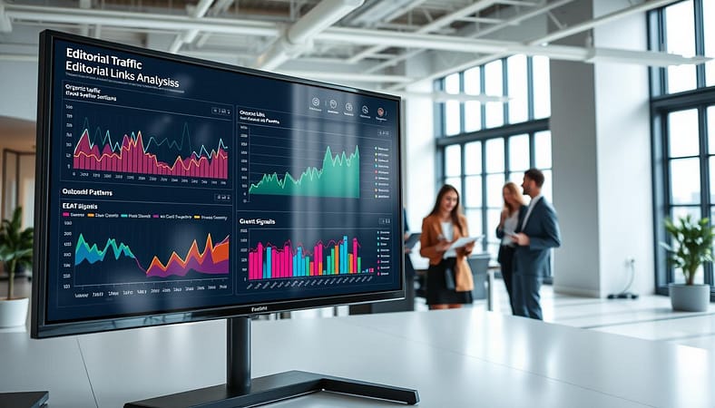 A sleek, modern editorial links analysis dashboard, displaying dynamic graphs and charts illustrating organic traffic trends, outbound link patterns, and EEAT (Expertise, Authoritativeness, Trustworthiness) signals. In the foreground, a high-resolution screen shows real-time data analytics with colorful line and bar graphs. The middle ground includes a diverse team of professionals in business attire, engaged in discussion, with notepads and laptops open, analyzing the data. In the background, a minimalist office space with large windows floods the room with natural light, creating a bright and focused atmosphere. The overall mood is energetic and collaborative, emphasizing the importance of data in decision-making for guest blogging strategies. A sleek, modern editorial links analysis dashboard, displaying dynamic graphs and charts illustrating organic traffic trends, outbound link patterns, and EEAT (Expertise, Authoritativeness, Trustworthiness) signals. In the foreground, a high-resolution screen shows real-time data analytics with colorful line and bar graphs. The middle ground includes a diverse team of professionals in business attire, engaged in discussion, with notepads and laptops open, analyzing the data. In the background, a minimalist office space with large windows floods the room with natural light, creating a bright and focused atmosphere. The overall mood is energetic and collaborative, emphasizing the importance of data in decision-making for guest blogging strategies.