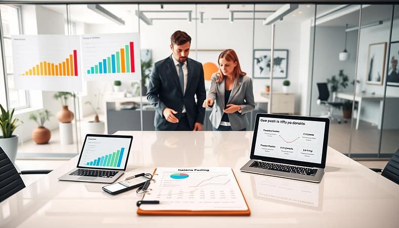 A sleek, modern office environment depicted in a high-angle view, showcasing a clear glass wall displaying colorful charts and graphs that visualize the results of a guest posting case study. In the foreground, an elegantly designed conference table is adorned with a laptop showing analytics, a clipboard with data points, and a digital tablet displaying presenting lines connecting five blog posts to fifty referring domains. The middle ground highlights two professional individuals in business attire, engaged in a focused discussion, pointing at the graphs. The background features a well-lit, airy workspace with plants and contemporary art. Soft, diffused lighting creates an optimistic atmosphere, emphasizing clarity and success, while a shallow depth of field subtly blurs non-essential elements. A sleek, modern office environment depicted in a high-angle view, showcasing a clear glass wall displaying colorful charts and graphs that visualize the results of a guest posting case study. In the foreground, an elegantly designed conference table is adorned with a laptop showing analytics, a clipboard with data points, and a digital tablet displaying presenting lines connecting five blog posts to fifty referring domains. The middle ground highlights two professional individuals in business attire, engaged in a focused discussion, pointing at the graphs. The background features a well-lit, airy workspace with plants and contemporary art. Soft, diffused lighting creates an optimistic atmosphere, emphasizing clarity and success, while a shallow depth of field subtly blurs non-essential elements.