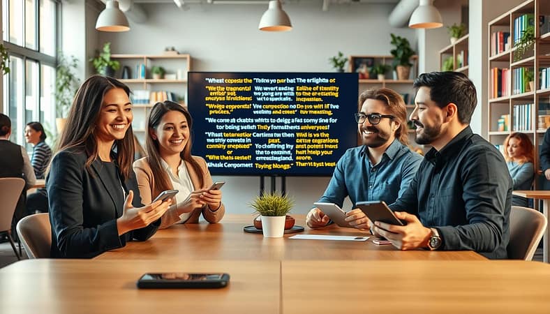 A vibrant co-working space filled with a diverse group of professionals engaged in discussions and sharing ideas. In the foreground, a group of three enthusiastic individuals, two women and one man, with warm smiles, showcasing testimonials on devices like phones and tablets. The middle ground features a large screen displaying various positive statements about a community initiative, emphasized with colorful visuals. In the background, soft-focus shelves lined with books and greenery add warmth, lit by natural sunlight streaming through large windows. The atmosphere is collaborative and inspiring, evoking a sense of trust and positive outcome. Ideal for an engaging audience-focused moment, shot with a 50mm lens to create a professional yet inviting feel. A vibrant co-working space filled with a diverse group of professionals engaged in discussions and sharing ideas. In the foreground, a group of three enthusiastic individuals, two women and one man, with warm smiles, showcasing testimonials on devices like phones and tablets. The middle ground features a large screen displaying various positive statements about a community initiative, emphasized with colorful visuals. In the background, soft-focus shelves lined with books and greenery add warmth, lit by natural sunlight streaming through large windows. The atmosphere is collaborative and inspiring, evoking a sense of trust and positive outcome. Ideal for an engaging audience-focused moment, shot with a 50mm lens to create a professional yet inviting feel.