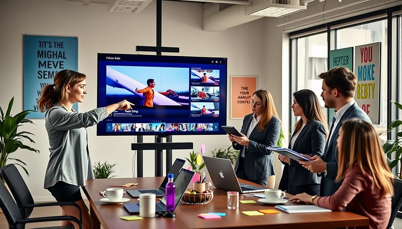 A vibrant office scene showcasing social media video marketing adaptations, featuring a diverse team of professionals collaborating around a large screen displaying dynamic graphics and video snippets. In the foreground, a woman in smart casual attire points at the screen, while a man, dressed in business attire, takes notes on a tablet. The middle ground includes a table with laptops, coffee cups, and colorful sticky notes, emphasizing creativity and teamwork. The background reveals a modern office with motivational posters related to digital marketing and innovation. The atmosphere is energetic and focused, with soft, natural lighting coming from large windows, creating a bright and inspiring environment. The image captures the essence of collaboration in crafting effective visual content for social media. A vibrant office scene showcasing social media video marketing adaptations, featuring a diverse team of professionals collaborating around a large screen displaying dynamic graphics and video snippets. In the foreground, a woman in smart casual attire points at the screen, while a man, dressed in business attire, takes notes on a tablet. The middle ground includes a table with laptops, coffee cups, and colorful sticky notes, emphasizing creativity and teamwork. The background reveals a modern office with motivational posters related to digital marketing and innovation. The atmosphere is energetic and focused, with soft, natural lighting coming from large windows, creating a bright and inspiring environment. The image captures the essence of collaboration in crafting effective visual content for social media.