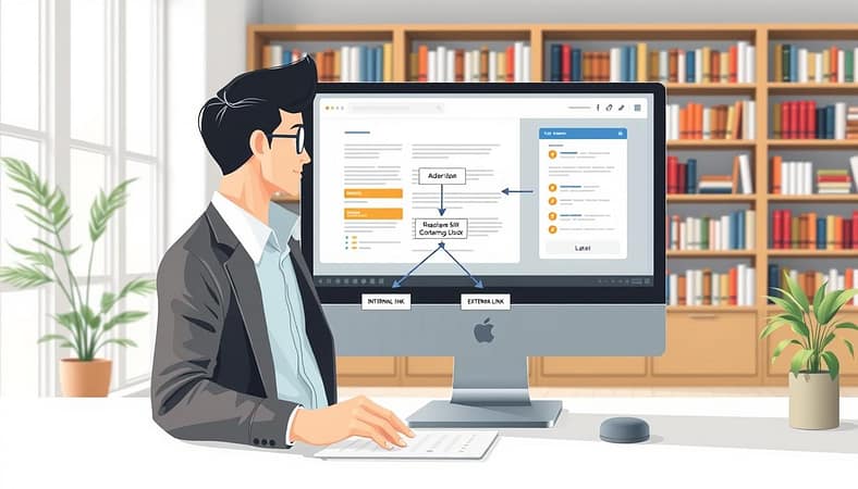 A visually engaging illustration representing an "on-page optimization linking strategy." In the foreground, a professional content creator, dressed in smart casual attire, is seen analyzing a computer screen displaying a web page with highlighted internal and external links. In the middle ground, a flowchart visually connects various link types with arrows indicating movement and relationship, symbolizing the strategic linking process. The background features a modern office setting with bookshelves filled with SEO and marketing books, a potted plant, and a large window letting in soft, natural light to create a bright atmosphere. The composition should evoke a sense of productivity and professionalism, emphasizing the importance of effective linking in SEO. A visually engaging illustration representing an "on-page optimization linking strategy." In the foreground, a professional content creator, dressed in smart casual attire, is seen analyzing a computer screen displaying a web page with highlighted internal and external links. In the middle ground, a flowchart visually connects various link types with arrows indicating movement and relationship, symbolizing the strategic linking process. The background features a modern office setting with bookshelves filled with SEO and marketing books, a potted plant, and a large window letting in soft, natural light to create a bright atmosphere. The composition should evoke a sense of productivity and professionalism, emphasizing the importance of effective linking in SEO.