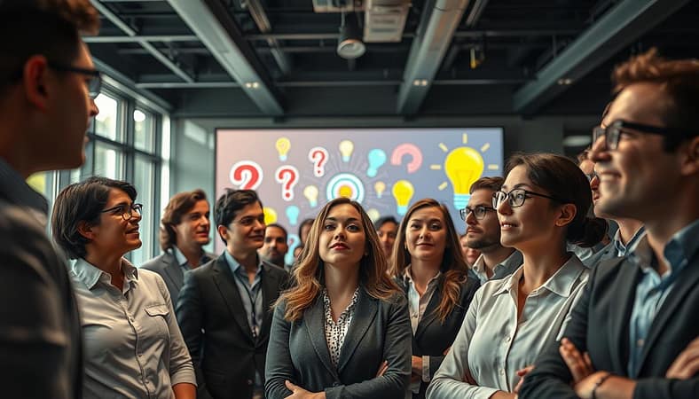A visually striking and engaging scene illustrating "Curiosity & Value Hooks" for audience engagement. In the foreground, a diverse group of professionals in smart casual attire are actively listening, with expressions of intrigue and fascination on their faces. In the middle ground, a vibrant presentation board displays captivating visuals such as bold question marks and eye-catching lightbulbs, symbolizing curiosity and innovation. The background features a contemporary office setting, with large windows allowing natural light to flood the space, creating a warm and inviting atmosphere. The lighting is soft and focused, enhancing the mood of excitement and engagement. Use a slightly low-angle perspective to emphasize the audience's eagerness and interest. Ensure a balanced composition that highlights the interaction between the audience and the visual elements they are drawn to. A visually striking and engaging scene illustrating "Curiosity & Value Hooks" for audience engagement. In the foreground, a diverse group of professionals in smart casual attire are actively listening, with expressions of intrigue and fascination on their faces. In the middle ground, a vibrant presentation board displays captivating visuals such as bold question marks and eye-catching lightbulbs, symbolizing curiosity and innovation. The background features a contemporary office setting, with large windows allowing natural light to flood the space, creating a warm and inviting atmosphere. The lighting is soft and focused, enhancing the mood of excitement and engagement. Use a slightly low-angle perspective to emphasize the audience's eagerness and interest. Ensure a balanced composition that highlights the interaction between the audience and the visual elements they are drawn to.