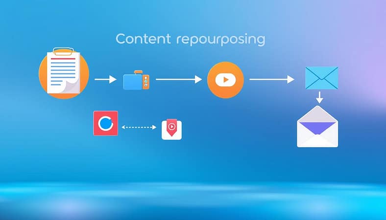 An interconnected ecosystem illustrating various content repurposing formats, showcasing blogs, videos, social media posts, and emails. In the foreground, a vibrant arrangement of icons representing each format: a blog post with a notepad, a video camera, social media logos, and an open email envelope. The middle layer features a seamless flow connecting these elements with arrows, symbolizing repurposing and adaptability. The background is a soft gradient transitioning from blue to white, creating a modern digital atmosphere. The scene is well-lit with soft diffused lighting, evoking a professional yet creative mood. The perspective is slightly angled for depth, emphasizing the importance of each format in a multi-channel strategy. No text or branding elements present. An interconnected ecosystem illustrating various content repurposing formats, showcasing blogs, videos, social media posts, and emails. In the foreground, a vibrant arrangement of icons representing each format: a blog post with a notepad, a video camera, social media logos, and an open email envelope. The middle layer features a seamless flow connecting these elements with arrows, symbolizing repurposing and adaptability. The background is a soft gradient transitioning from blue to white, creating a modern digital atmosphere. The scene is well-lit with soft diffused lighting, evoking a professional yet creative mood. The perspective is slightly angled for depth, emphasizing the importance of each format in a multi-channel strategy. No text or branding elements present.