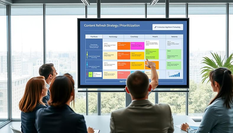 A detailed illustration of a "Content Refresh Strategy Prioritization Framework" displayed on a large digital whiteboard in a modern conference room. In the foreground, a professional businesswoman in formal attire is discussing the framework with her team, pointing at various color-coded sections of the framework. In the middle, the framework includes visual elements such as charts, graphs, and prioritized tasks represented by different colored blocks that signify urgency and importance. The background shows a sleek office environment with large windows allowing natural light to flood in, creating a bright and airy atmosphere. A slight overhead angle captures both the team interaction and the intricacies of the framework, conveying a sense of collaboration and strategic planning. A detailed illustration of a "Content Refresh Strategy Prioritization Framework" displayed on a large digital whiteboard in a modern conference room. In the foreground, a professional businesswoman in formal attire is discussing the framework with her team, pointing at various color-coded sections of the framework. In the middle, the framework includes visual elements such as charts, graphs, and prioritized tasks represented by different colored blocks that signify urgency and importance. The background shows a sleek office environment with large windows allowing natural light to flood in, creating a bright and airy atmosphere. A slight overhead angle captures both the team interaction and the intricacies of the framework, conveying a sense of collaboration and strategic planning.
