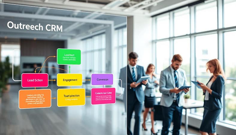 A detailed visualization of an outreach CRM pipeline, showcasing a dynamic flow of data through distinct stages. In the foreground, a sleek and modern digital interface displays colorful, organized boxes representing different pipeline stages such as "Lead Generation," "Engagement," and "Conversion." Flowing arrows connect these stages, illustrating the movement of leads with varying colors indicating progress. The middle layer features professional individuals engaged in discussions, wearing smart business attire, collaboratively analyzing data on tablets and screens. The background showcases a bright, airy office environment with large windows, soft lighting filtering in, emphasizing a productive atmosphere. The overall mood conveys professionalism and innovation, inviting viewers to explore effective CRM strategies. A detailed visualization of an outreach CRM pipeline, showcasing a dynamic flow of data through distinct stages. In the foreground, a sleek and modern digital interface displays colorful, organized boxes representing different pipeline stages such as "Lead Generation," "Engagement," and "Conversion." Flowing arrows connect these stages, illustrating the movement of leads with varying colors indicating progress. The middle layer features professional individuals engaged in discussions, wearing smart business attire, collaboratively analyzing data on tablets and screens. The background showcases a bright, airy office environment with large windows, soft lighting filtering in, emphasizing a productive atmosphere. The overall mood conveys professionalism and innovation, inviting viewers to explore effective CRM strategies.