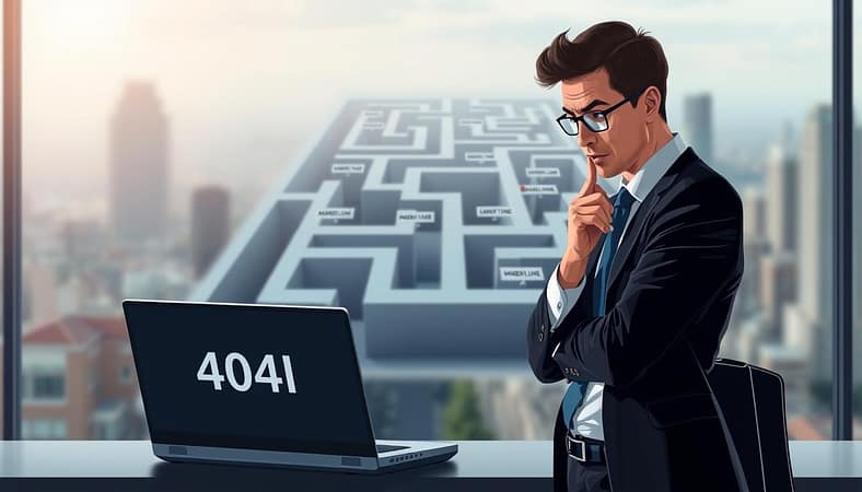 A digital illustration reflecting the theme of avoiding 404 link pitfalls in a professional context. In the foreground, depict a frustrated business professional dressed in smart casual attire, thoughtfully examining a laptop displaying a broken link message. In the middle ground, show a maze-like structure symbolizing different types of link strategies, featuring pathways labeled with symbols of relevance, such as a magnifying glass and a compass. In the background, create a blurred cityscape, suggesting a digital landscape, while integrating soft, diffused lighting that casts gentle shadows. The overall atmosphere should convey a sense of urgency and focus, emphasizing the importance of clarity and diligence in link building strategies, with a cool color palette to maintain professionalism. A digital illustration reflecting the theme of avoiding 404 link pitfalls in a professional context. In the foreground, depict a frustrated business professional dressed in smart casual attire, thoughtfully examining a laptop displaying a broken link message. In the middle ground, show a maze-like structure symbolizing different types of link strategies, featuring pathways labeled with symbols of relevance, such as a magnifying glass and a compass. In the background, create a blurred cityscape, suggesting a digital landscape, while integrating soft, diffused lighting that casts gentle shadows. The overall atmosphere should convey a sense of urgency and focus, emphasizing the importance of clarity and diligence in link building strategies, with a cool color palette to maintain professionalism.