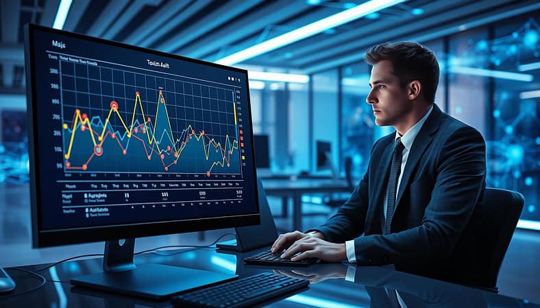 A futuristic digital landscape illustrating backlink audit toxic pattern detection. In the foreground, a computer screen displays a complex graph with sudden spikes and clusters of foreign TLDs represented by colorful nodes. In the middle, there is a professional business analyst in smart attire, focused on interpreting the data, seated at a sleek desk with tech gadgets. The background features a modern office with soft blue lighting and abstract digital patterns symbolizing web connectivity. The mood is analytical and serious, emphasizing the importance of monitoring backlink health. The image should have a clear perspective with a balanced composition, avoiding clutter and ensuring clarity in the visual data representation. A futuristic digital landscape illustrating backlink audit toxic pattern detection. In the foreground, a computer screen displays a complex graph with sudden spikes and clusters of foreign TLDs represented by colorful nodes. In the middle, there is a professional business analyst in smart attire, focused on interpreting the data, seated at a sleek desk with tech gadgets. The background features a modern office with soft blue lighting and abstract digital patterns symbolizing web connectivity. The mood is analytical and serious, emphasizing the importance of monitoring backlink health. The image should have a clear perspective with a balanced composition, avoiding clutter and ensuring clarity in the visual data representation.