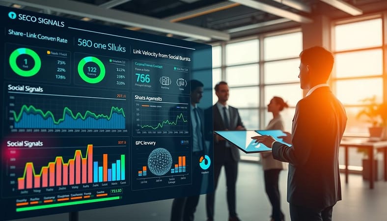 A modern, sleek SEO metrics dashboard visualization showcasing social signals. The foreground features colorful graphs and charts representing KPIs like Share-to-Link Conversion Rate and Link Velocity from Social Bursts, with green, blue, and orange color schemes for clarity. In the middle, digital figures, perhaps professionals in modest business attire, engage with touchscreen displays, analyzing data. The background is a contemporary office environment, with large windows allowing natural light to filter in, creating a bright and inviting atmosphere. The image should have a high-tech vibe, captured from a slight angle to emphasize depth, with a soft focus on the backdrop to keep attention on the dashboard and the professionals. A modern, sleek SEO metrics dashboard visualization showcasing social signals. The foreground features colorful graphs and charts representing KPIs like Share-to-Link Conversion Rate and Link Velocity from Social Bursts, with green, blue, and orange color schemes for clarity. In the middle, digital figures, perhaps professionals in modest business attire, engage with touchscreen displays, analyzing data. The background is a contemporary office environment, with large windows allowing natural light to filter in, creating a bright and inviting atmosphere. The image should have a high-tech vibe, captured from a slight angle to emphasize depth, with a soft focus on the backdrop to keep attention on the dashboard and the professionals.