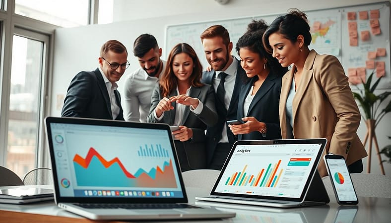 A modern workspace scene highlighting the integration of various analytics tools. In the foreground, a sleek laptop displays colorful graphs and charts representing data analytics, surrounded by devices like a tablet and smartphone showcasing different analytics dashboards. In the middle, a diverse group of professionals in smart business attire collaborate, pointing at the laptop screen while discussing insights; their expressions show engagement and focus. The background features a large whiteboard filled with flowcharts and sticky notes, symbolizing strategic planning. Soft, natural lighting filters through large windows, creating a bright and collaborative atmosphere, while an angle showcases the dynamic interaction among team members. The overall mood is one of innovation and teamwork, reflecting a forward-thinking approach to content performance tracking. A modern workspace scene highlighting the integration of various analytics tools. In the foreground, a sleek laptop displays colorful graphs and charts representing data analytics, surrounded by devices like a tablet and smartphone showcasing different analytics dashboards. In the middle, a diverse group of professionals in smart business attire collaborate, pointing at the laptop screen while discussing insights; their expressions show engagement and focus. The background features a large whiteboard filled with flowcharts and sticky notes, symbolizing strategic planning. Soft, natural lighting filters through large windows, creating a bright and collaborative atmosphere, while an angle showcases the dynamic interaction among team members. The overall mood is one of innovation and teamwork, reflecting a forward-thinking approach to content performance tracking.