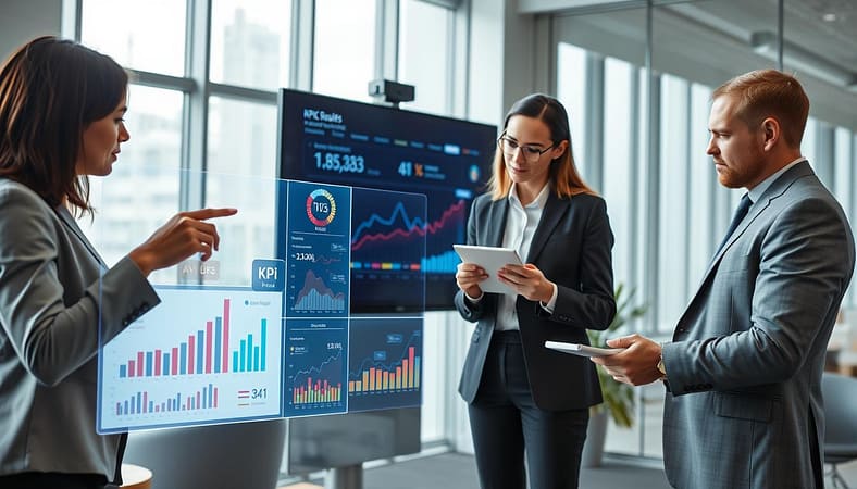 A professional office environment showcasing the concept of measuring data-driven editing results. In the foreground, a diverse group of three business professionals—two women and one man—are intently analyzing graphs and charts displayed on sleek digital devices. One woman, in smart casual attire, points to a holographic projection of analytics data, while the man, dressed in a tailored suit, takes notes. The middle ground features a large screen displaying colorful KPI metrics and performance graphs. The background reveals a modern office with large windows, allowing soft, natural light to illuminate the space. A subtle atmosphere of focus and collaboration is present, emphasizing a professional and analytical mood. The camera angle is slightly elevated, capturing the energy of teamwork and critical analysis. A professional office environment showcasing the concept of measuring data-driven editing results. In the foreground, a diverse group of three business professionals—two women and one man—are intently analyzing graphs and charts displayed on sleek digital devices. One woman, in smart casual attire, points to a holographic projection of analytics data, while the man, dressed in a tailored suit, takes notes. The middle ground features a large screen displaying colorful KPI metrics and performance graphs. The background reveals a modern office with large windows, allowing soft, natural light to illuminate the space. A subtle atmosphere of focus and collaboration is present, emphasizing a professional and analytical mood. The camera angle is slightly elevated, capturing the energy of teamwork and critical analysis.