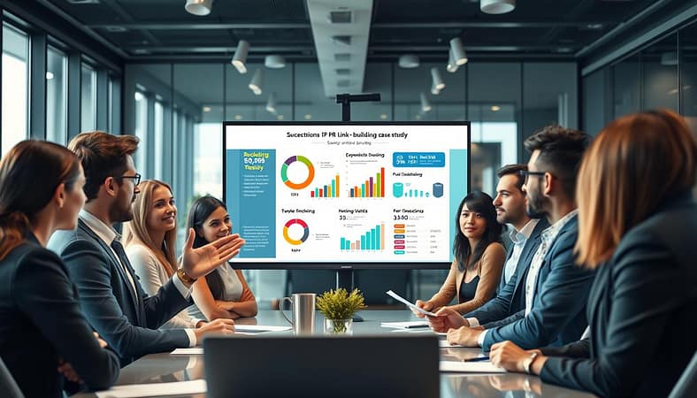 A professional workspace featuring a focused business setting, where a diverse group of dressed individuals is engaged in a discussion around a large screen displaying a colorful infographic showcasing survey results of a PR link-building case study. The foreground highlights a confident speaker gesturing towards the screen, surrounded by attentive colleagues taking notes. In the middle, the screen showcases eye-catching graphs and statistics about the 40 Tier-1 mentions, using bright colors for clarity. In the background, a sleek office environment with large windows letting in natural light enhances the professionalism. The mood is collaborative and innovative, suggesting a dynamic atmosphere geared toward sharing insights and fostering teamwork. The image is well-lit, emphasizing the main elements against a subtly blurred background. A professional workspace featuring a focused business setting, where a diverse group of dressed individuals is engaged in a discussion around a large screen displaying a colorful infographic showcasing survey results of a PR link-building case study. The foreground highlights a confident speaker gesturing towards the screen, surrounded by attentive colleagues taking notes. In the middle, the screen showcases eye-catching graphs and statistics about the 40 Tier-1 mentions, using bright colors for clarity. In the background, a sleek office environment with large windows letting in natural light enhances the professionalism. The mood is collaborative and innovative, suggesting a dynamic atmosphere geared toward sharing insights and fostering teamwork. The image is well-lit, emphasizing the main elements against a subtly blurred background.