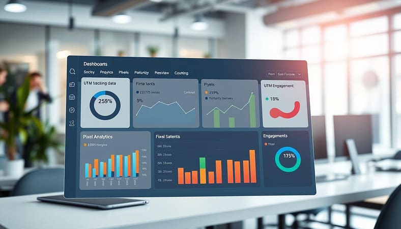 A sleek, modern SEO measurement dashboard displayed prominently in the foreground, featuring colorful graphs and charts that visualize social media engagement metrics such as UTM tracking data and pixel analytics. In the middle, well-organized sections highlight key performance indicators, with visual elements showing upward trends and engagement statistics. The background features a blurred office environment with subtle tech-themed decor, creating a professional atmosphere. The lighting is bright yet soft, enhancing clarity and focus on the dashboard's details. The mood conveys a sense of innovation and analytical rigor, ideal for tech-savvy readers. The overall composition balances professional aesthetics with an engaging, informative layout, devoid of any text or overlay elements. A sleek, modern SEO measurement dashboard displayed prominently in the foreground, featuring colorful graphs and charts that visualize social media engagement metrics such as UTM tracking data and pixel analytics. In the middle, well-organized sections highlight key performance indicators, with visual elements showing upward trends and engagement statistics. The background features a blurred office environment with subtle tech-themed decor, creating a professional atmosphere. The lighting is bright yet soft, enhancing clarity and focus on the dashboard's details. The mood conveys a sense of innovation and analytical rigor, ideal for tech-savvy readers. The overall composition balances professional aesthetics with an engaging, informative layout, devoid of any text or overlay elements.