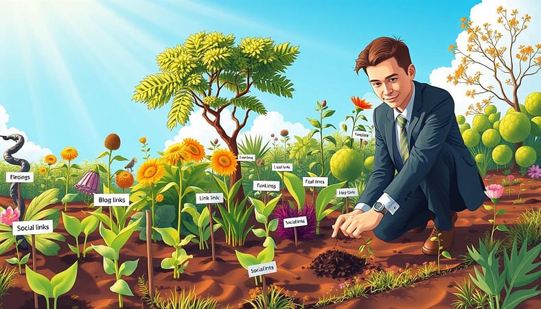 A vibrant and detailed illustration of a diverse ecosystem representing link building, set in a serene natural environment. In the foreground, a professional individual dressed in business attire is planting seeds labeled with various link types, like blogs, forums, and social media. The middle ground features a variety of flourishing plants symbolizing healthy links, while some wilted and toxic plants are subtly placed nearby, highlighting the contrast. In the background, a clear blue sky with sunlight filtering through creates an uplifting and hopeful atmosphere. The angle is slightly elevated, providing a bird’s-eye view of the scene, with warm, soft lighting evoking a sense of growth and resilience. The overall mood is positive and informative, emphasizing the importance of diversity and relevance in link building. A vibrant and detailed illustration of a diverse ecosystem representing link building, set in a serene natural environment. In the foreground, a professional individual dressed in business attire is planting seeds labeled with various link types, like blogs, forums, and social media. The middle ground features a variety of flourishing plants symbolizing healthy links, while some wilted and toxic plants are subtly placed nearby, highlighting the contrast. In the background, a clear blue sky with sunlight filtering through creates an uplifting and hopeful atmosphere. The angle is slightly elevated, providing a bird’s-eye view of the scene, with warm, soft lighting evoking a sense of growth and resilience. The overall mood is positive and informative, emphasizing the importance of diversity and relevance in link building.
