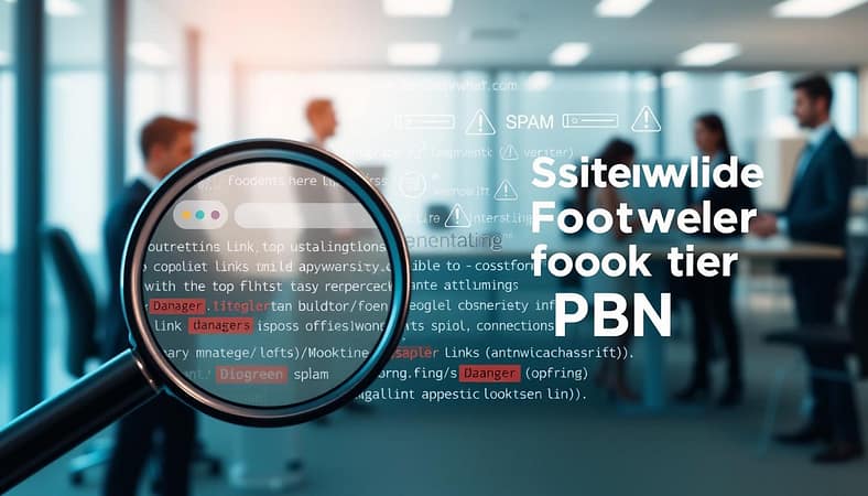 A visually engaging infographic illustrating the concept of sitewide footer link risks and PBNs. In the foreground, a large magnifying glass is focused on a website footer section filled with various links, some highlighted in red to signify danger or spam signals. The middle ground features a partially transparent overlay of digital elements like code snippets and warning icons, emphasizing tech-savvy caution. In the background, a blurred office environment with professionals in business attire discussing link building strategies, creating an atmosphere of urgency and importance. Soft, cool lighting with a slight gradient adds depth, while the image maintains a clean, organized feel to convey professionalism. A visually engaging infographic illustrating the concept of sitewide footer link risks and PBNs. In the foreground, a large magnifying glass is focused on a website footer section filled with various links, some highlighted in red to signify danger or spam signals. The middle ground features a partially transparent overlay of digital elements like code snippets and warning icons, emphasizing tech-savvy caution. In the background, a blurred office environment with professionals in business attire discussing link building strategies, creating an atmosphere of urgency and importance. Soft, cool lighting with a slight gradient adds depth, while the image maintains a clean, organized feel to convey professionalism.