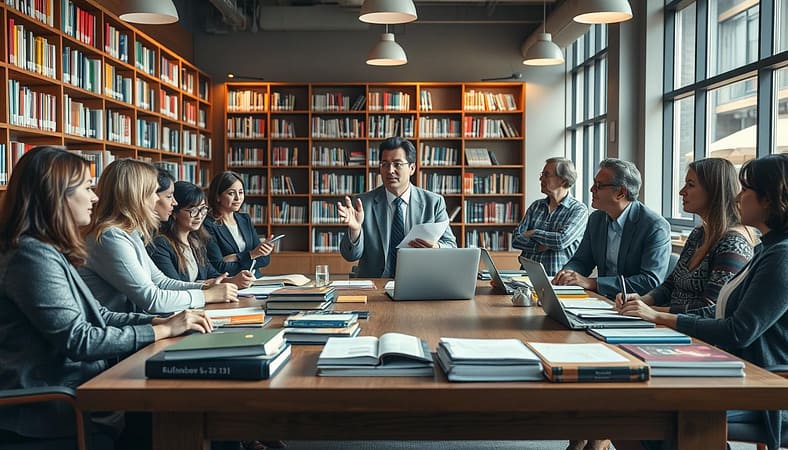 A well-organized academic outreach scene in a library setting, featuring a professional librarian, dressed in business attire, engaged in conversation with a diverse group of faculty members. The foreground includes a large wooden table laden with books, laptops, and various academic publications. In the middle, the librarian gestures enthusiastically, as faculty members listen intently, taking notes. The background showcases rows of bookshelves filled with colorful textbooks and research materials, softly illuminated by warm, ambient lighting filtering through large windows. The mood should be collaborative and inviting, emphasizing trust and knowledge-sharing among academics. A wide-angle lens captures the entire scene, creating an inclusive atmosphere. A well-organized academic outreach scene in a library setting, featuring a professional librarian, dressed in business attire, engaged in conversation with a diverse group of faculty members. The foreground includes a large wooden table laden with books, laptops, and various academic publications. In the middle, the librarian gestures enthusiastically, as faculty members listen intently, taking notes. The background showcases rows of bookshelves filled with colorful textbooks and research materials, softly illuminated by warm, ambient lighting filtering through large windows. The mood should be collaborative and inviting, emphasizing trust and knowledge-sharing among academics. A wide-angle lens captures the entire scene, creating an inclusive atmosphere.