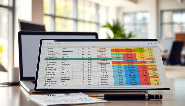 A detailed, organized content inventory spreadsheet displayed prominently against a clean, professional office backdrop. In the foreground, the spreadsheet is open, filled with colorful columns and rows, showcasing various content types like blogs, videos, and social media posts, complete with metrics such as views and engagement rates. In the middle ground, a laptop is partially visible, along with a notepad and a pen, emphasizing an analytical work environment. The background features a softly blurred modern office with natural light coming through large windows, creating a bright and inviting mood. Use a high-quality lens effect to capture the clarity of the spreadsheet while maintaining a shallow depth of field, enhancing focus on the content organization theme. The atmosphere is productive and efficient, reflecting the essence of organizing a content inventory. A detailed, organized content inventory spreadsheet displayed prominently against a clean, professional office backdrop. In the foreground, the spreadsheet is open, filled with colorful columns and rows, showcasing various content types like blogs, videos, and social media posts, complete with metrics such as views and engagement rates. In the middle ground, a laptop is partially visible, along with a notepad and a pen, emphasizing an analytical work environment. The background features a softly blurred modern office with natural light coming through large windows, creating a bright and inviting mood. Use a high-quality lens effect to capture the clarity of the spreadsheet while maintaining a shallow depth of field, enhancing focus on the content organization theme. The atmosphere is productive and efficient, reflecting the essence of organizing a content inventory.