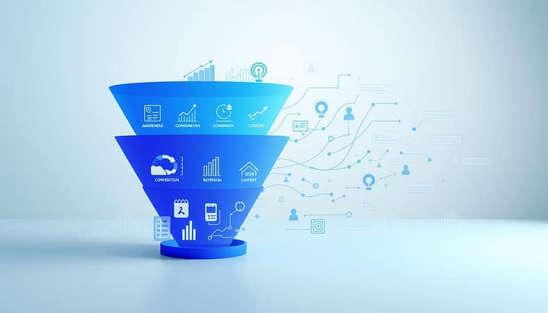 A detailed visualization of a behavioral analytics funnel, showcasing a layered funnel structure divided into distinct stages representing user engagement flow. In the foreground, sleek, modern icons symbolize different stages: awareness, consideration, conversion, and retention, arranged in a gradient of colors moving from blue to green. In the middle ground, abstract data streams and flowcharts intertwine, illustrating user paths and interactions with content. The background features a subtle gradient of light colors, evoking a sense of clarity and focus. Soft, ambient lighting creates a professional atmosphere, enhancing the modern aesthetic. The overall mood is analytical and insightful, ideal for understanding user behavior and optimizing content strategies. A detailed visualization of a behavioral analytics funnel, showcasing a layered funnel structure divided into distinct stages representing user engagement flow. In the foreground, sleek, modern icons symbolize different stages: awareness, consideration, conversion, and retention, arranged in a gradient of colors moving from blue to green. In the middle ground, abstract data streams and flowcharts intertwine, illustrating user paths and interactions with content. The background features a subtle gradient of light colors, evoking a sense of clarity and focus. Soft, ambient lighting creates a professional atmosphere, enhancing the modern aesthetic. The overall mood is analytical and insightful, ideal for understanding user behavior and optimizing content strategies.